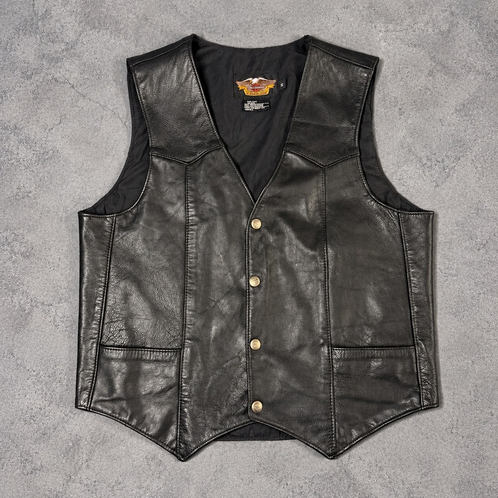 Harley-Davidson Genuine Leather Vest Black Made in USA Size Medium